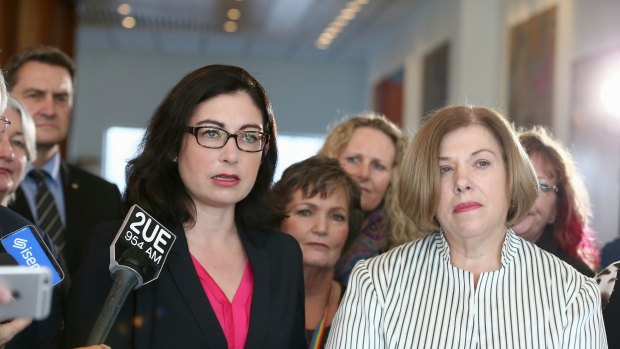 Co-sponsors of the cross-party marriage equality bill, Terri Butler and Teresa Gambaro, in Canberra on Monday.