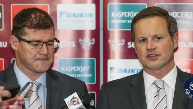 Suspended: Former Manly CEO, now Roosters CEO Joe Kelly (left) and chairman Scott Penn.