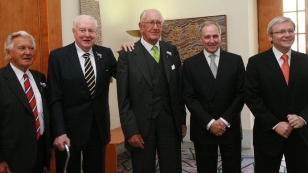Previous gathering: Bob Hawke, Gough Whitlam, Malcolm Fraser, Paul Keating and Kevin Rudd at the apology to the stolen generations at Parliament House in 2008.