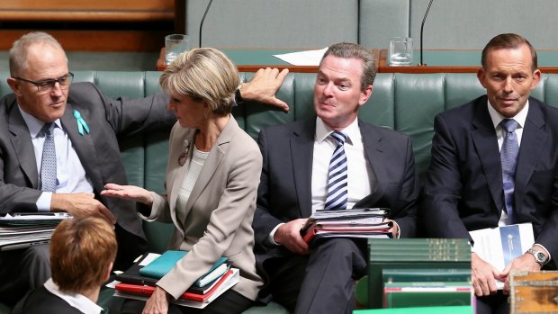 Communications Minister Malcolm Turnbull, Foreign Affairs Minister Julie Bishop, Leader of the House Christopher Pyne and Prime Minister Tony Abbott during a division in question time on Wednesday.