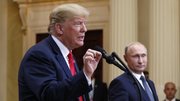 Donald Trump and Vladimir Putin at a press conference in Helsinki.