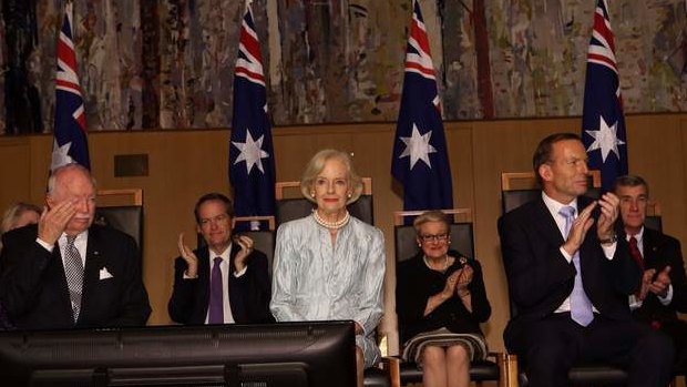 Michael Bryce wipes a tear as outgoing Governor-General Dame Quentin Bryce at a reception to mark her farewell. Photo: Andrew Meares