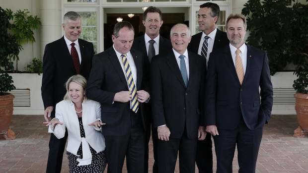 Nationals MPs pose for photos afer the swearing in ceremony at Government House in Canberra on Wednesday.