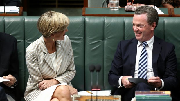 Foreign Affairs Minister Julie Bishop and Education Minister Christopher Pyne during Question Time on Monday.