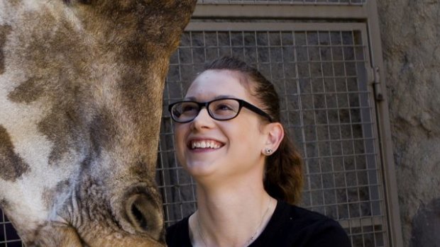 Makulu, the giraffe withzoo keeper Zoe Rowell at the Melbourne Zoo turns 20 today.