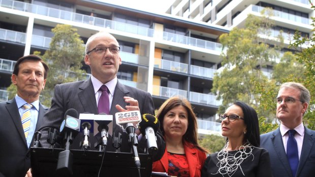 NSW Labor Leader, Luke Foley with members of his shadow cabinet announce the affordable housing policy.
