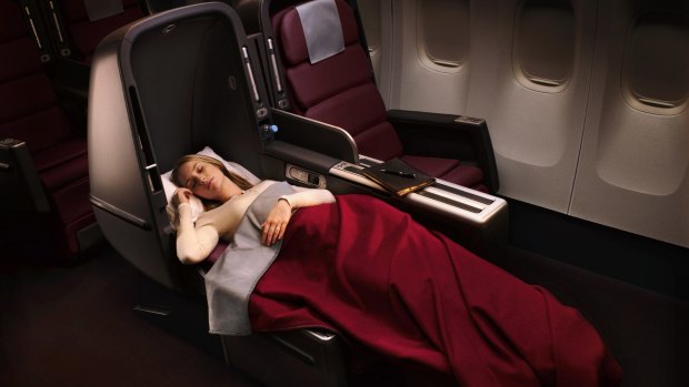 Sleeping arrangements in the Qantas A380 business class cabin.