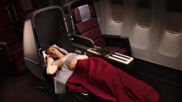 Sleeping arrangements in the Qantas A380 business class cabin.