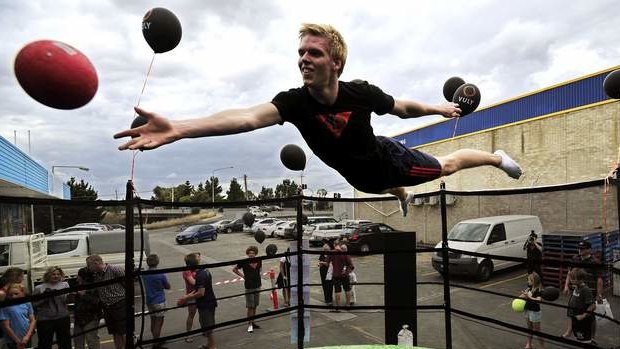 Trampolinist Matthew Weal puts on a demonstration on a Vuly trampoline.