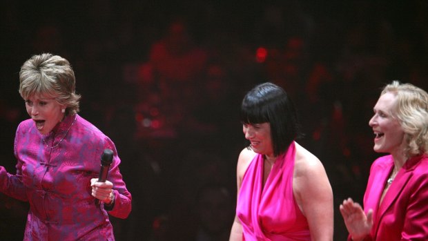 Jane Fonda, Eve Ensler and Glenn Close on stage during a performance of The Vagina Monologues in New York.