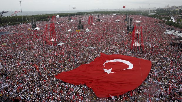 Crowds gather as Muharrem Ince, leader of the Secular Republican People's Party (CHP) and presidential candidate, speaks during his last pre election campaign rally in Maltepe, Istanbul, Turkey, on Saturday. 