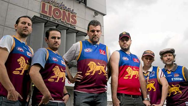 Lions fans, including Adam Staines, Sheldon Peters, James Kliemt, Phil Harsant, Kerryn Wick and Steve Ripper, fought for a return to the original Brisbane Lions guernsey.