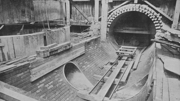 This image, taken sometime between 1893 and 1897 of a sewer pipe nearby, shows the original brick construction methods.