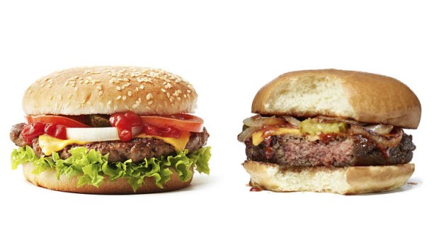The burger on the left is a typical beef burger from a fast food store. The burger on the right is a non-meat burger from Impossible Foods