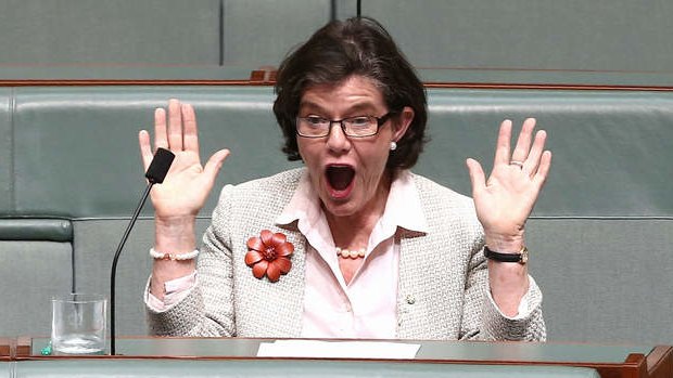 Independent MP Cathy McGowan reacts to the answer from Assistant Infrastructure Minister Jamie Briggs. Photo: Alex Ellinghausen