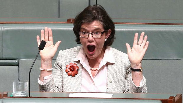 Independent MP Cathy McGowan reacts to the answer from Assistant Infrastructure Minister Jamie Briggs. Photo: Alex Ellinghausen