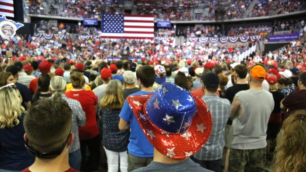 Attendees gather at a rally by Donald Trump in Duluth, Minnesota.
