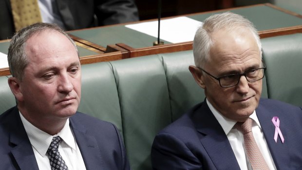 Barnaby Joyce and Malcolm Turnbull in Parliament during the height of the crisis over the former deputy prime minister's affair. 