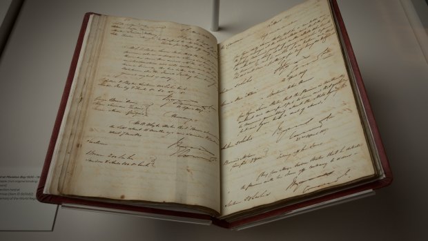 Life in Irons exhibition at the Museum of Brisbane, including the Book of Trials (pictured).