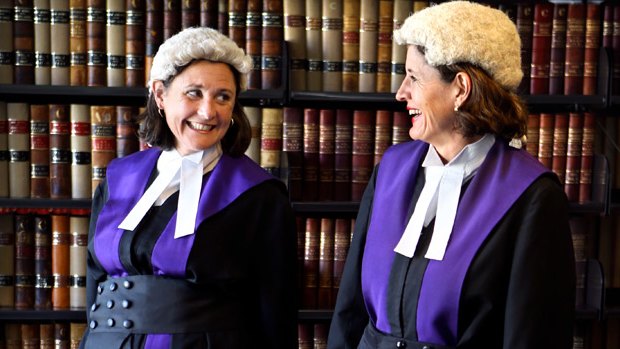 Sisters Judge Claire Quin, left, and Judge Katherine Bourke at the County Court library.