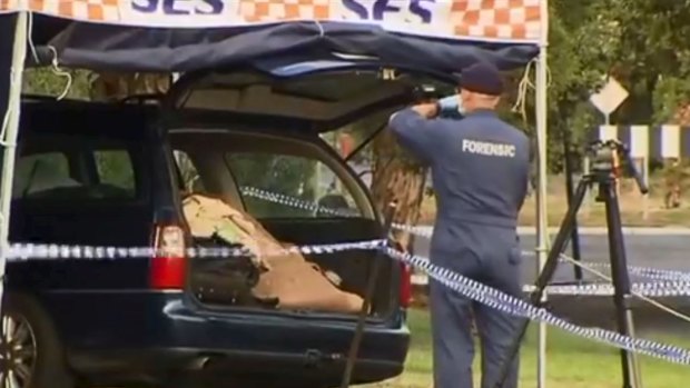 Forensic police examine the Commodore in Geelong on Sunday.