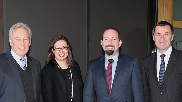 AMEP Senator Ricky Muir and his advisers (from left) Peter Breen, Sarah Mennie and Glenn Druery arrive at the PUP office at the National Press Club of Australia in Canberra on Thursday 10 July 2014. Photo: Alex Ellinghausen