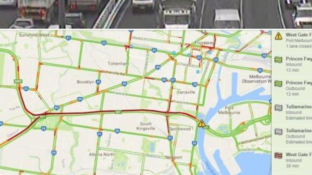 The traffic camera on the West Gate Bridge and the VicRoads traffic map shows the state of the inbound delays.