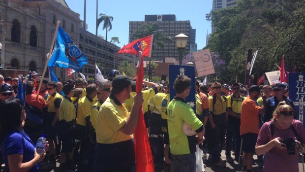 Protesters express concern over changes to WorkCover outside Parliament House.