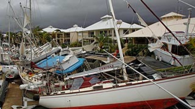 Boats lay strewn around Port Hinchinbrook in the wake of severe tropical Cyclone Yasi in February 2011.