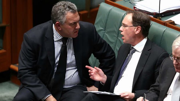 Treasurer Joe Hockey and Environment Minister Greg Hunt during QT. Photo: Alex Ellinghausen