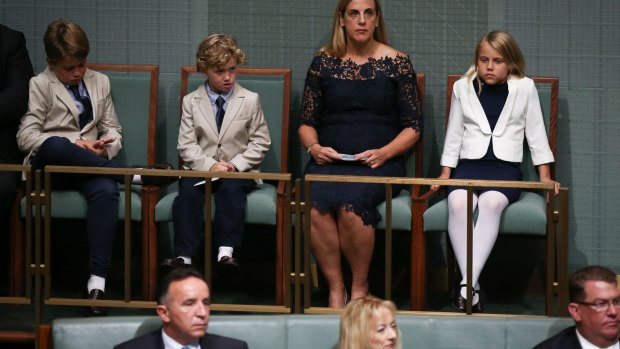 The Treasurer's family Xavier Hockey, Ignatius Hockey, Melissa Babbage and Adelaide Hockey listen to the budget reply speech in Parliament on Tuesday.
