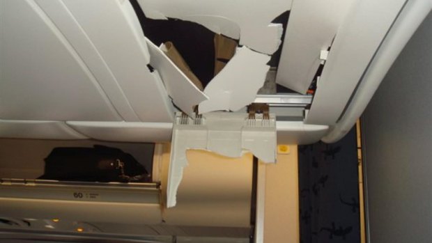 Roof damage in the A330's cabin: 'It just looked like the Incredible Hulk had gone through there in a rage and ripped the place apart,' Kevin Sullivan recalls.