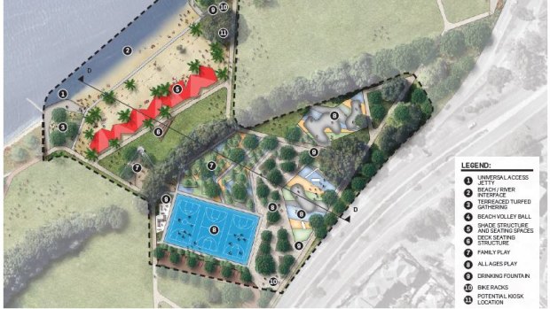McCallum Park concept plan, showing the activity hub and beach. 