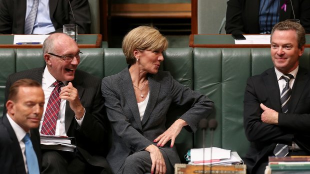 Deputy Prime Minister Warren Truss, Foreign Affairs Minister Julie Bishop and Leader of the House Christopher Pyne in question time on Thursday.