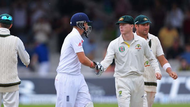 England's Joe Root is congratulated on his unbeaten 178 by Australia's Chris Rogers at the end of day three of the second Ashes Test at Lord's.