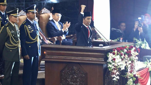 Indonesian President Joko Widodo shouts "Merdeka" during his speech at his inauguration ceremony at the People's Consultative Assembly (MPR) in Jakarta  on Monday.