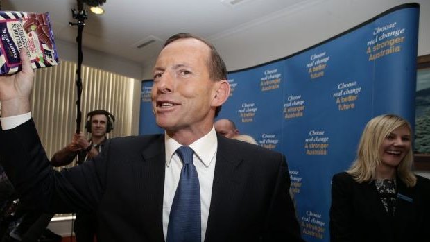 Tony Abbott, then opposition leader, at the Cadbury factory in Hobart during the 2013 election.