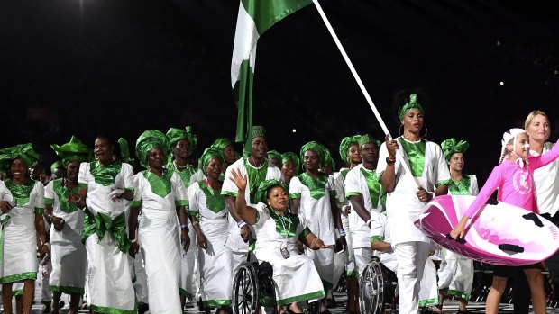 Athletes from Nigeria are seen during the Opening Ceremony of the XXI Commonwealth Games at Carrara Stadium, on the Gold Coast, Wednesday, April 4, 2018. 