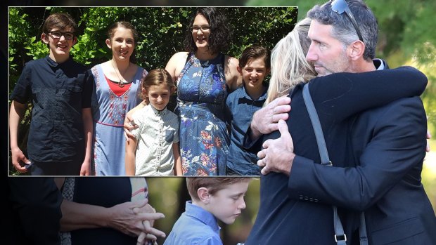 Aaron Cockman (right) is greeted by family and friends outside Bunbury Crematorium before the funerals of his ex-wife Katrina Miles and their four children, daughter Taye 13, and sons Rylan 12, Arye 10, and Kayden 8, in Bunbury, south west of Perth, Wednesday, May 30, 2018. Inset: Katrina Miles and her children.