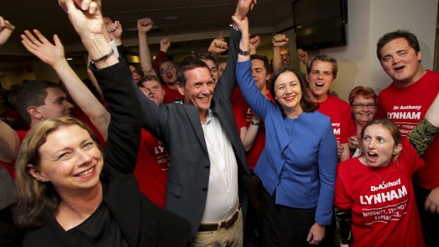 Victorious Labor candidate Anthony Lynham with jubilant Opposition Leader Annastacia Palaszczuk celebrating victory in the Stafford by-election.