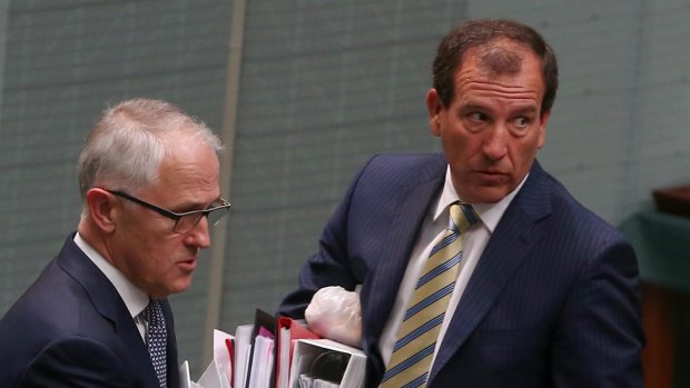 Prime Minister Malcolm Turnbull and Special Minister of State Mal Brough depart question time on Monday.