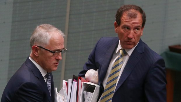 Prime Minister Malcolm Turnbull and Special Minister of State Mal Brough depart question time on Monday.