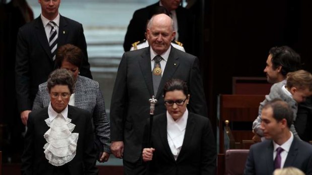 Governor-General designate General Peter Cosgrove arrives for the swearing-in ceremony in the Senate. Photo: Alex Ellinghausen