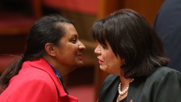 Senator Joanna Lindgren was congratulated by Senator Nova Peris after she made her first speech to the Senate on Tuesday.