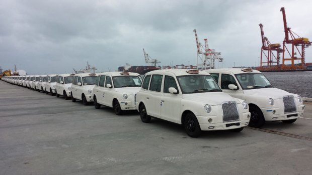 London cabs lined up at Fremantle ready to be rolled out.