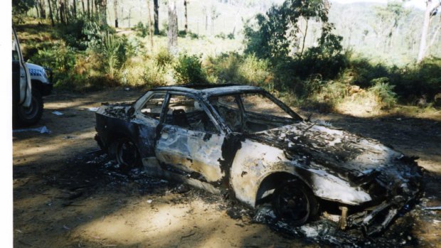 Nick Falos' burnt out red 1985 Porsche coupe with registration JD 944 was discovered in the Yarra State Forest in 2003. 