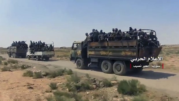 A convoy of Syrian military vehicles after its troops captured the Naseeb border crossing last week.