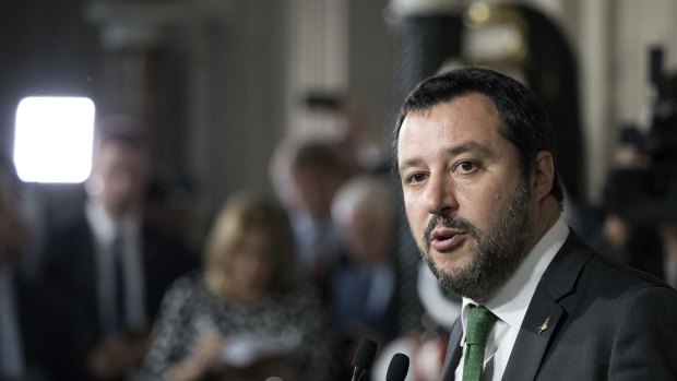 Matteo Salvini, leader of the anti-immigrant League, speaks during a news conference following a meeting with Italy's President Sergio Mattarella at the Quirinale Palace in Rome.