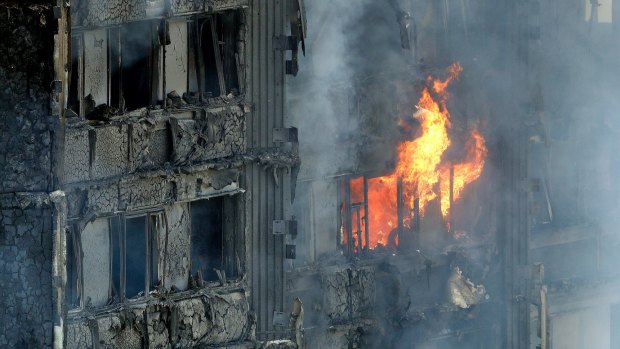 The burning Grenfell Tower in London.
