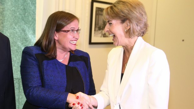 Minister for Women Michaelia Cash congratulates Kate Jenkins on her appointment as the new Sex Discrimination Commissioner on Thursday.